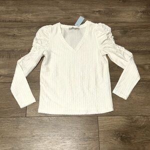 Loft Off-White V-Neck Ruched Sleeve Top